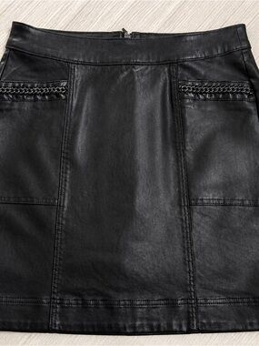 White House/Black Market Black Faux Leather Skirt Braided Chain detail  Size 10